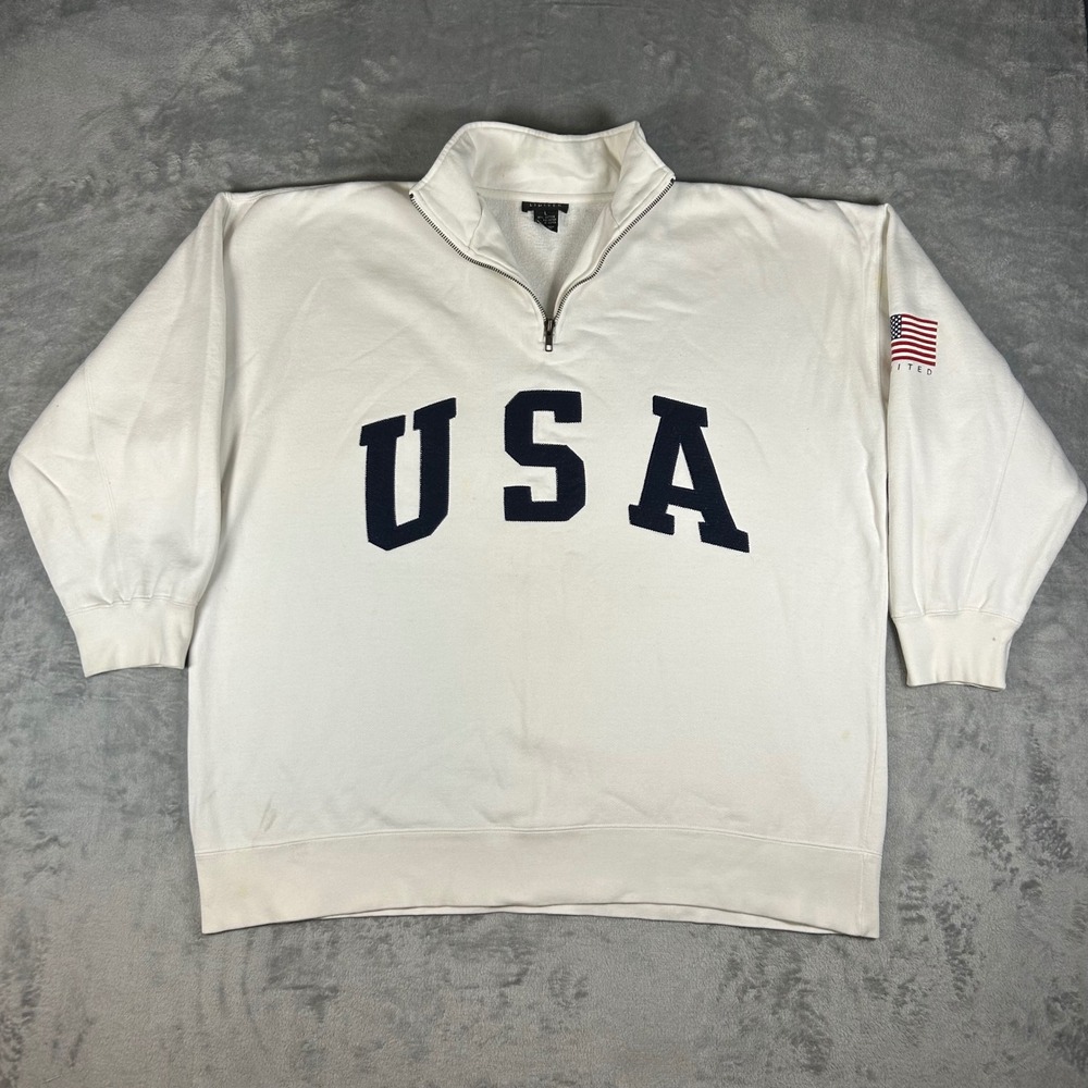 Vintage The Limited USA Quarter Zip Sweatshirt White Navy Blue Flag Mens L